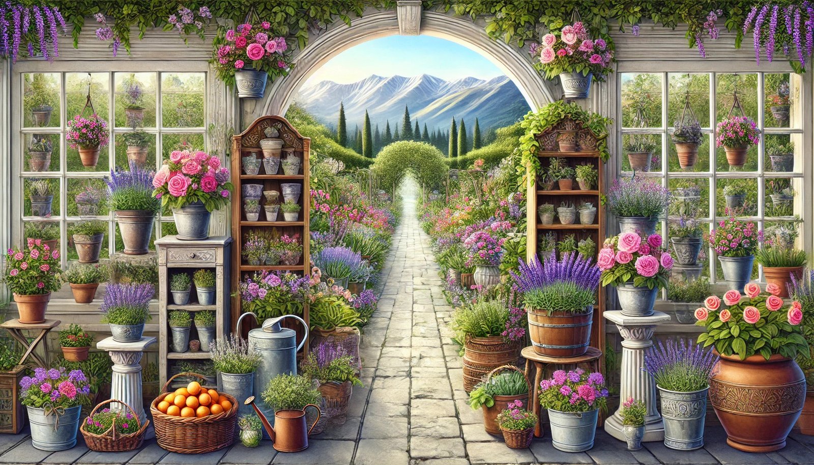 A lush Secret Garden greenhouse opening toward Alaska mountains